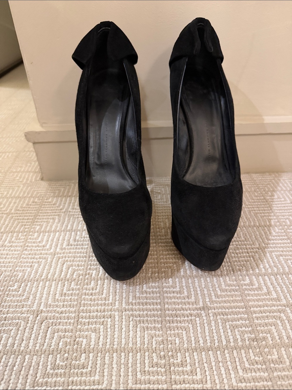 Giuseppe Zanotti Black Suede Platform Pumps with Heel Bow